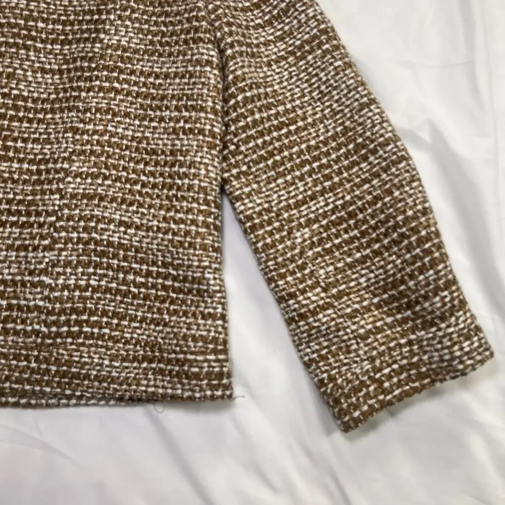 Cabi Phoebe Jacket Size M Brown White Metallic Tweed Fringe Blazer Style 343